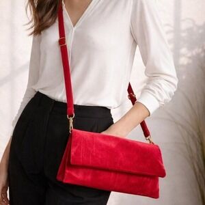 Anthropologie NEW Street Level Cherry Red Velvet Crossbody Foldover Purse Clutch